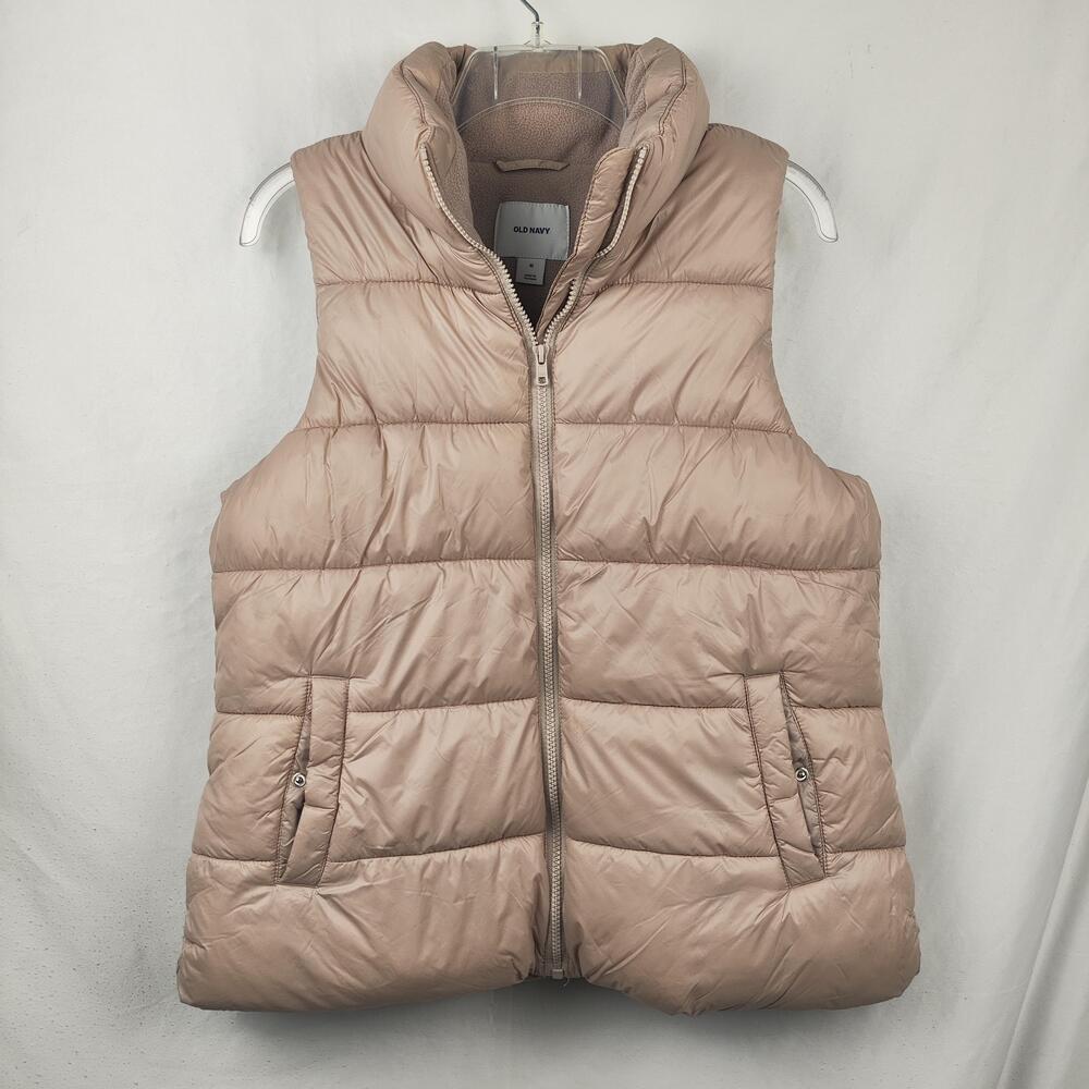 Old Navy Vest Womens Medium Beige Quilted Puffer Fleece Lined Zip Pockets Warm